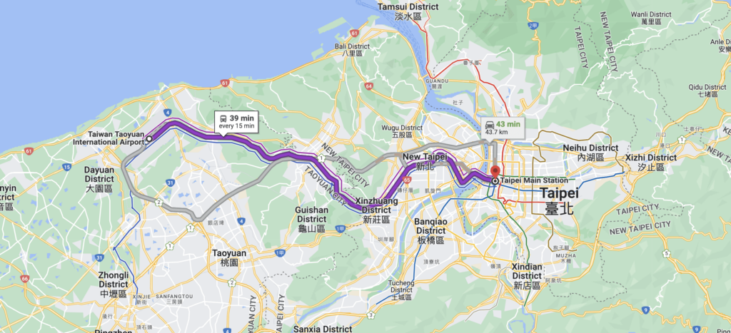 Taoyuan Airport to Taipei Main Station Map Route